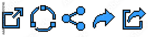 Set pixel share icon vector for social media and connection features. Symbolizes data distribution, links, and retro 8-bit digital networking. Ideal for app buttons.