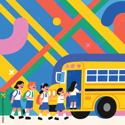 Illustration Of A School Bus Arrival Scene, Students Getting On The Bus Vector Design Template