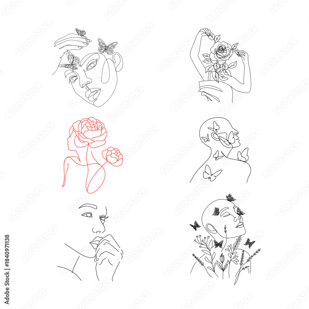 Fototapeta premium Elegant Woman Face Line Art with Floral Elements | Minimal Aesthetic Portrait 
