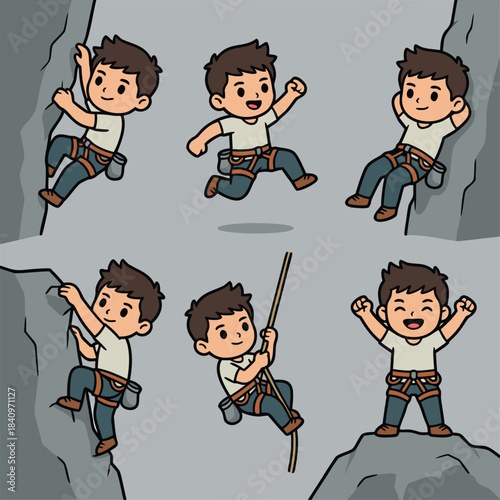 A cartoon boy rock climbing in six different poses, showing various actions like ascending, resting, rappelling, and celebrating.