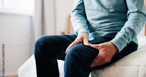 Cuadro en lienzo Hands, senior man and leg pain at house from arthritis, parkinson and muscle inflammation