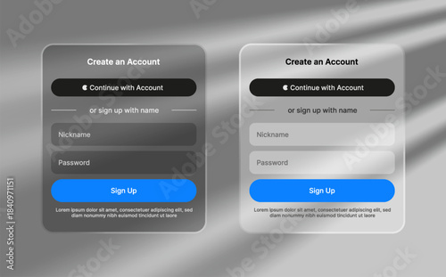 Create account UI. Sign up and log in liquid glass element, user interface element for ui ux design