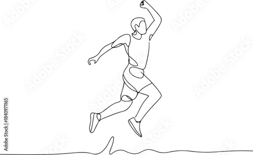 Continuous line illustration of an athlete jumping near a sand boundary line