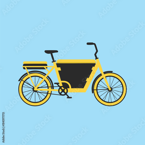A minimalist vector illustration of a yellow electric bicycle with black accents on a light blue background.