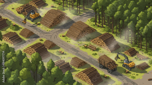 An aerial view of a busy logging site with numerous timber piles, heavy machinery, and a truck transporting logs from a dense forest.