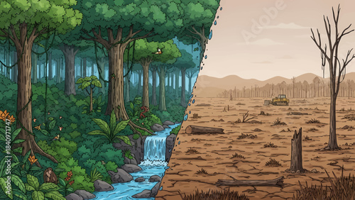 A striking split image illustrating the stark contrast between a vibrant, healthy rainforest ecosystem and a desolate, deforested wasteland, highlighting environmental destruction.