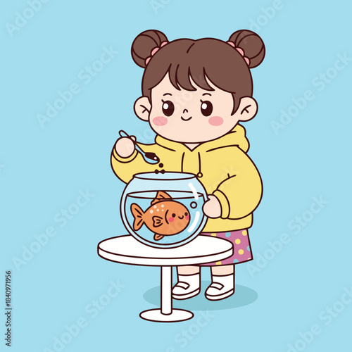 Cute cartoon girl feeding a goldfish in a round fishbowl on a small white table with a blue background.