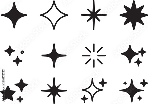 Twinkle star vector glitter bright magic light icon. Star twinkle glitter spark outline shine icon set. Hand drawn sketch doodle style black and white vector art