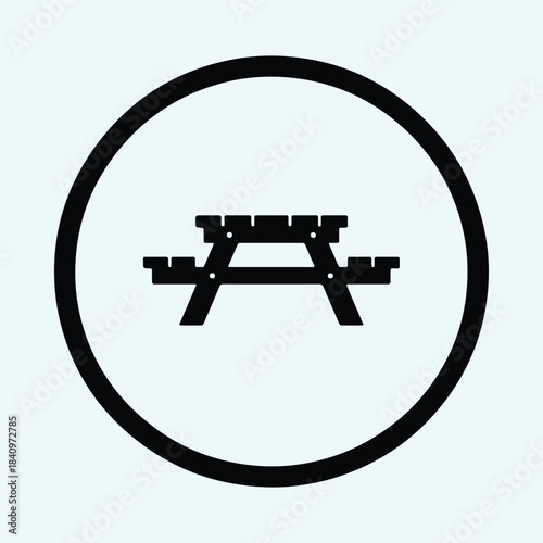 Vector A-frame picnic table icon with attached seating inside a thick circle silhouette Illustration