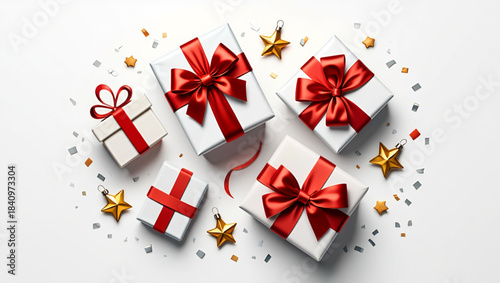 Christmas Flat Lay with White Gift Boxes, Red Bows and Golden Stars