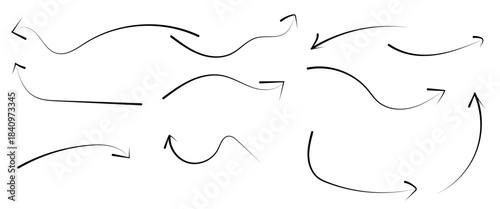 Hand drawn arrow set with crayon texture - curved and straight, Marker pen pointer icons, Curvy directional symbols.