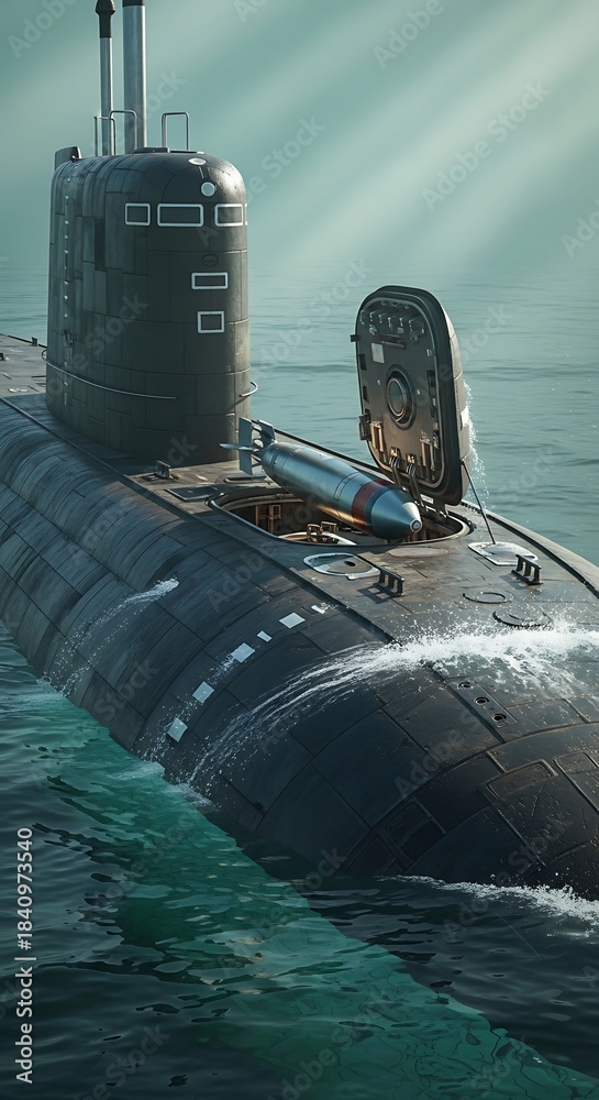 Obraz premium A dark, military submarine emerges from the water, displaying a missile ready for launch.