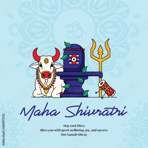 Maha Shivratri Greeting Card with Lingam Stone, Trishul Lord Shiva, and Nandi God Cow. Hindu Festival.