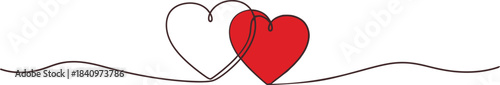 Continuous Line Art Drawing of Two Intertwined Hearts, One Red and One Outline, Symbolizing Love and Connection
