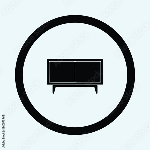 Vector modern minimalist cabinet storage furniture icon inside a thick black circle silhouette Illustration