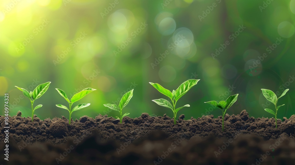 Fototapeta premium Young Green Plants Growing in Soil with Blurred Green Background