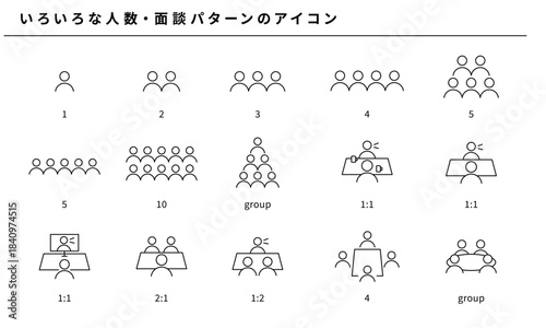 いろいろな人数、面談パターンのシンプルアイコンセット素材