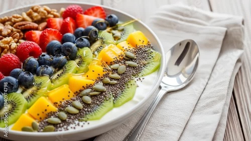 Serving a Fresh Fruit Bowl with Yogurt and Nuts on a Colorful Plate