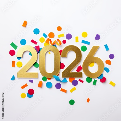 Golden 2026 Numbers Surrounded by Colorful Confetti and Streamers on