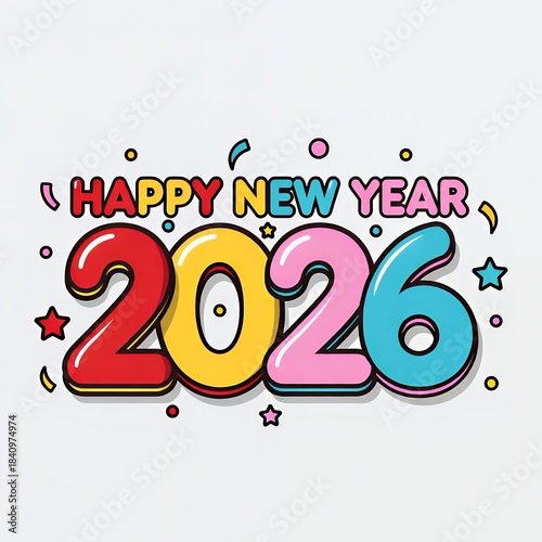 Happy New Year 2026 Bright Bold Text Festive Celebration Colorful