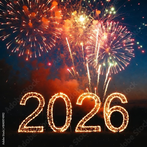 Happy New Year 2026 Festive Fireworks Display Orange Sparkles Against