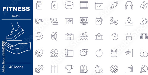40 Line Style Fitness Icons Exercise Equipment, Workout Tracking and Health Wellness Symbols