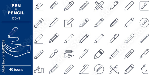 40 Line Style Pen and Pencil Icons Writing Tools, Digital Stylus and Creativity Symbols
