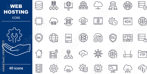 40 Line Style Web Hosting Icons Server, Cloud Storage and Network Security Symbols