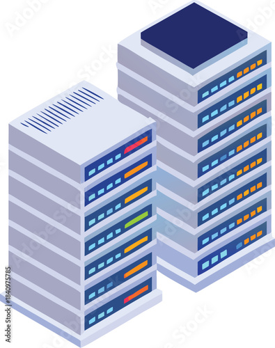 Isometric illustration of two server racks for data center or cloud computing