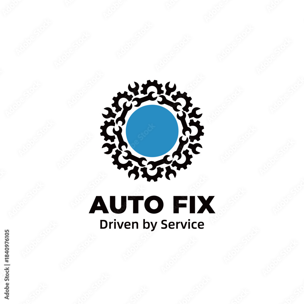 Fototapeta premium Auto Fix Driven by Service Logo Design, Circular Pattern of Black Gears and Wrenches, Automotive Repair and Service Emblem.