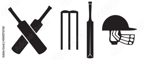 Cricket Bat and Ball Crossed Icon Set – Outline and Silhouette Sports Equipment Vector Collection