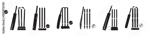 Cricket Bat and Ball Crossed Icon Set – Outline and Silhouette Sports Equipment Vector Collection