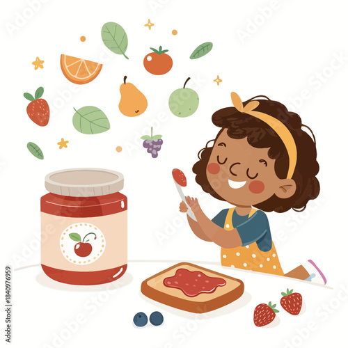 Young girl spreading jam on toast with a jar of fruit