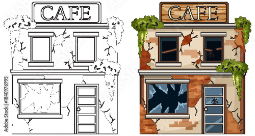 Abandoned Cafe Building with Broken Windows and Overgrown Plants