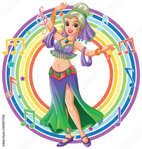 Colorful Belly Dancer Performing with Musical Notes and Rainbow