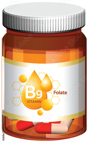 Vitamin B9 Folate Supplement Bottle with Capsules