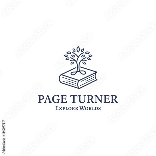 Page Turner Explore Worlds Logo Design, Minimalist Line Art Tree Growing from a Book, Literature and Education Emblem.