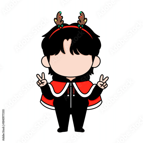 Chibi art illustration of a Korean K-pop idol. A male K-pop idol holding a fan meeting while wearing a Christmas robe and headband.