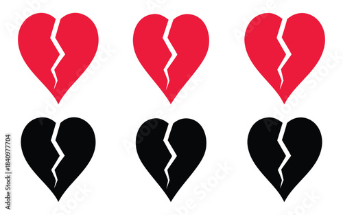 Broken heart vector icons set, red broken heart icon, cracked on heart silhouette vector illustration