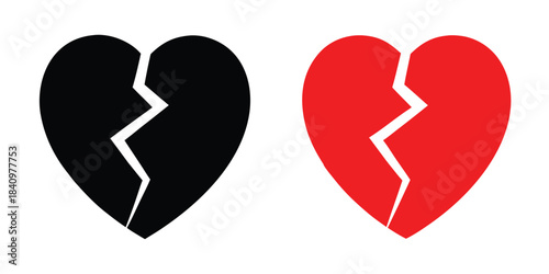 Broken heart vector icons set, red broken heart icon, cracked on heart silhouette vector illustration