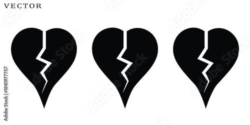 Broken heart vector icons set, red broken heart icon, cracked on heart silhouette vector illustration