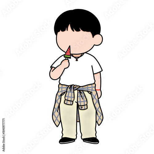 A chibi art illustration of a school band member standing and eating watermelon ice cream. This painting was inspired by a scene from a popular Korean drama.