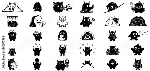 charming little monsters expressing big emotions playful black and white character set illustrations, isolated on transparent background