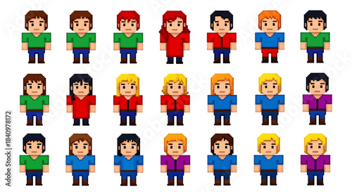 Collection of diverse pixel art character sprites for retro game design and digital media projects, featuring various appearances and styles