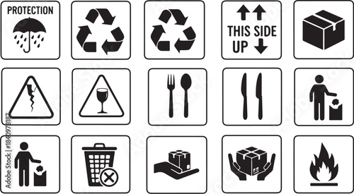 Black vector icon set for commercial packaging, logistics, handling, and safety warnings on white background
