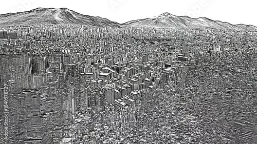Aerial view of a sprawling cityscape surrounded by mountains, showcasing urban density and architecture