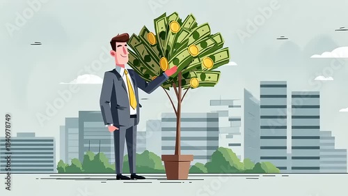 Businessman in a suit standing beside a money tree in a cityscape, symbolizing financial growth and success