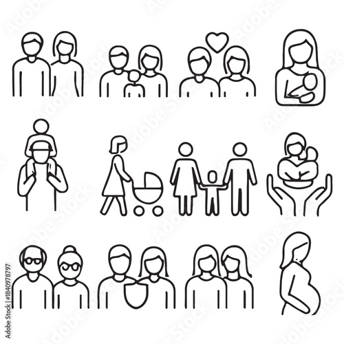 Family stroke outline icon set vector