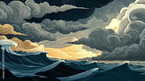 Dramatic ocean waves under a swirling sky at sunset, showcasing nature's beauty and movement