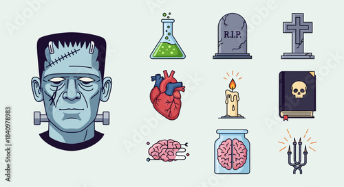 A collection of Halloween and horror-themed vector icons including Frankenstein's monster, a green chemical potion, tombstone, anatomical heart, candle, skull book, brain in a jar, and a candelabra.